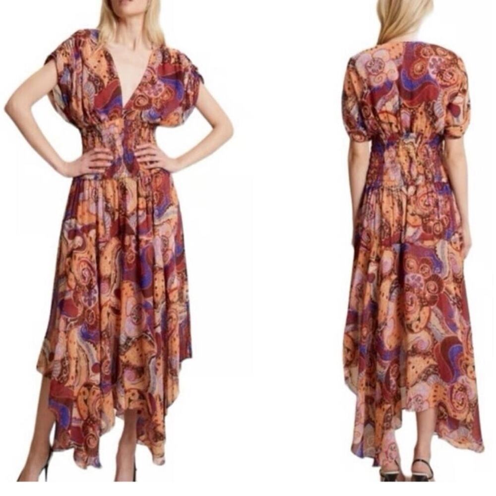 A.L.C. Lucia silk smocked waist asymmetrical hem dress